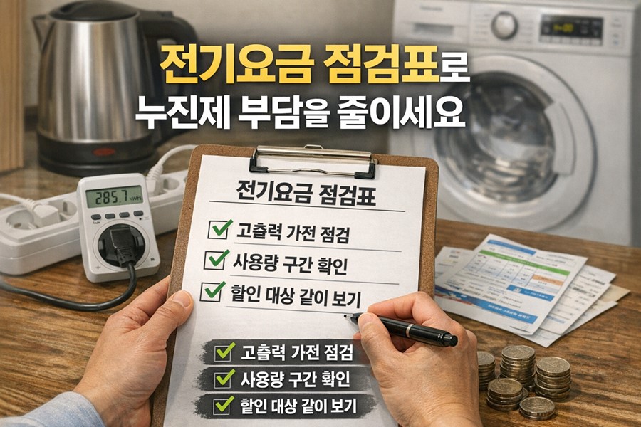 전기요금 절약을 위해 고출력 가전, 사용량 구간, 할인 대상 여부를 점검하는 체크리스트 이미지