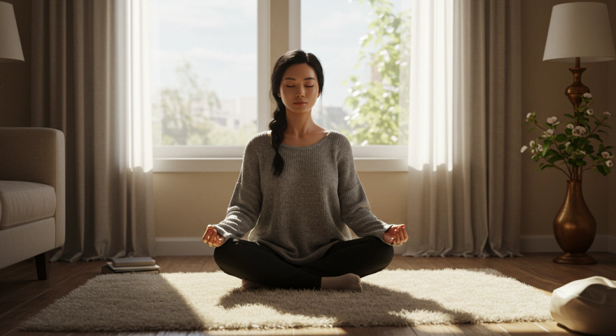 명상으로 스트레스를 완화하는 30대 한국인 여성