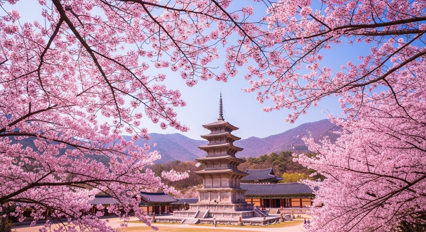 만개한 연분홍 벚꽃 가지 사이로, 천년의 위엄을 간직한 불국사 다보탑이 보이는, 꿈처럼 아름답고 몽환적인 풍경.