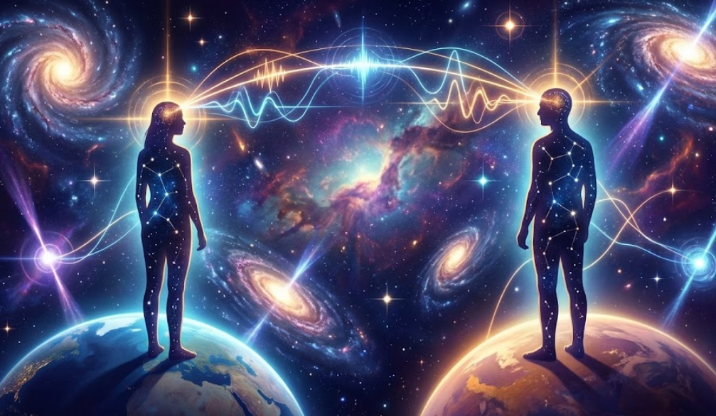 동시성 이론과 생각의 에너지 연결을 표현한 심리학 이미지