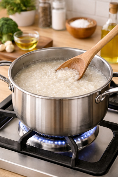 냄비에 쌀미음 조리하는 사진