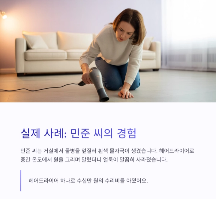 헤어드라이어로 마루 물자국 제거하는 방법
