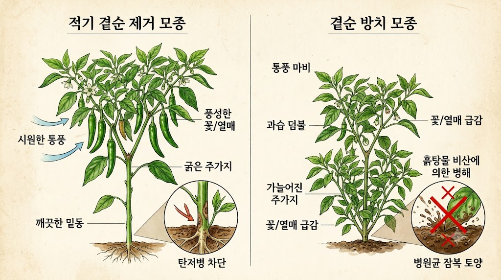 방아다리 아래 곁순을 제거하여 통기성을 확보한 고추와 곁순 덤불로 흙탕물이 튀어 병에 걸린 상태