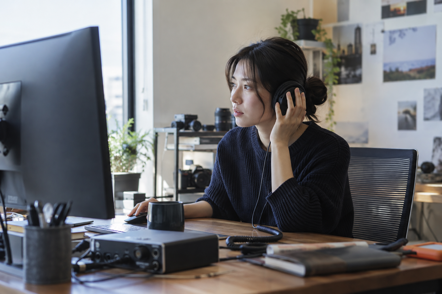 헤드폰으로 소리를 확인하는 편집자의 설명용 작업 장면
