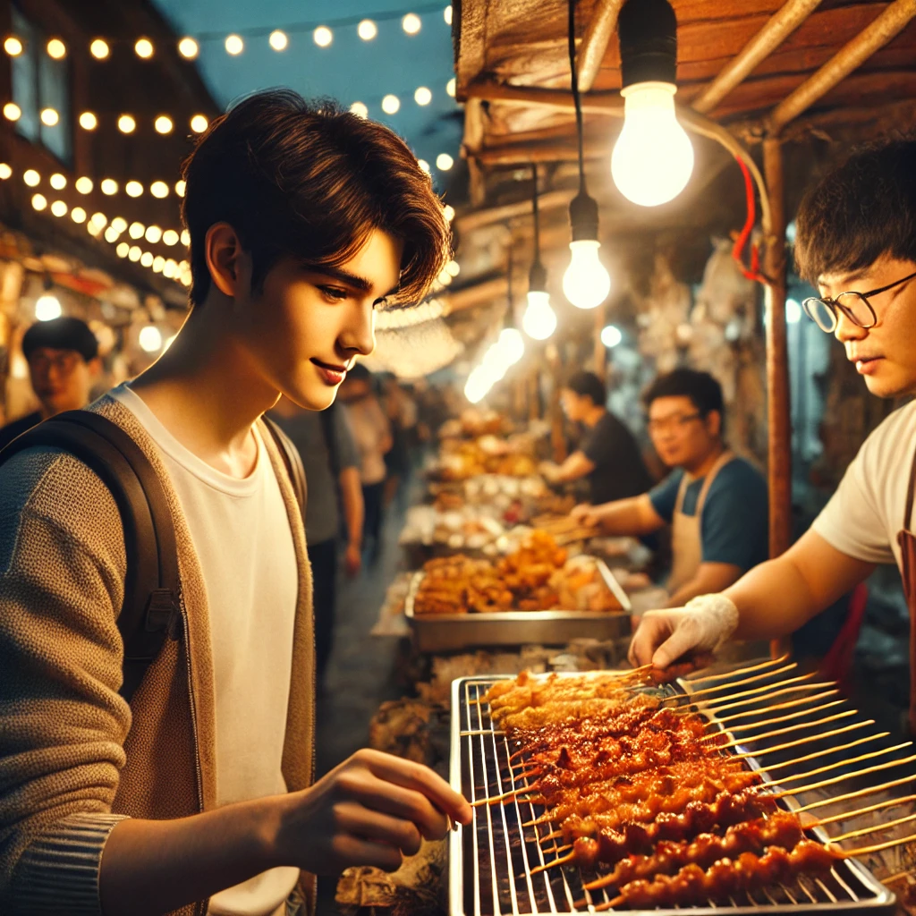 야시장에서 꼬치 음식을 구입하는 젊은 남성
