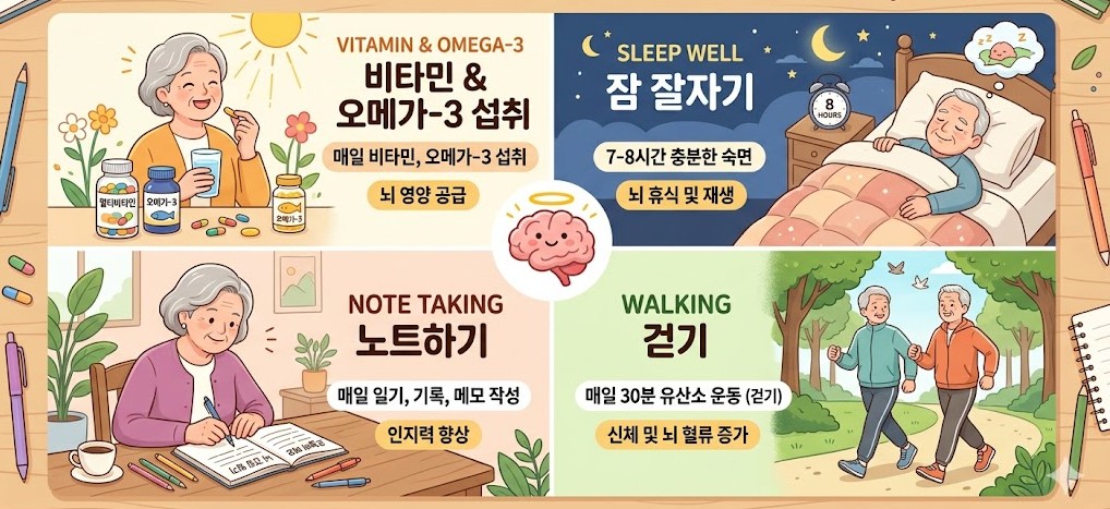 치매 예방을 위해 비타민 먹기, 잠 잘자기, 걷기, 노트하기 등이 있다.