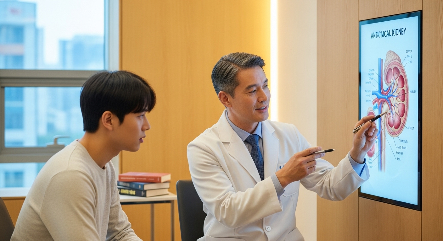의사가 진료실에서 젊은 환자에게 신장(콩팥)의 기능에 대해 전문적으로 설명하는 모습.