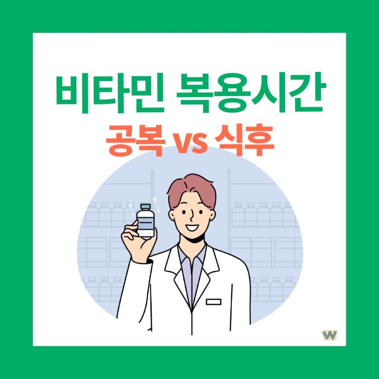 비타민 복용시간 가이드 - 공복 vs 식후 복용법을 설명하는 약사 일러스트, 약국 배경에서 비타민 병을 들고 있는 전문가 이미지 via Canva