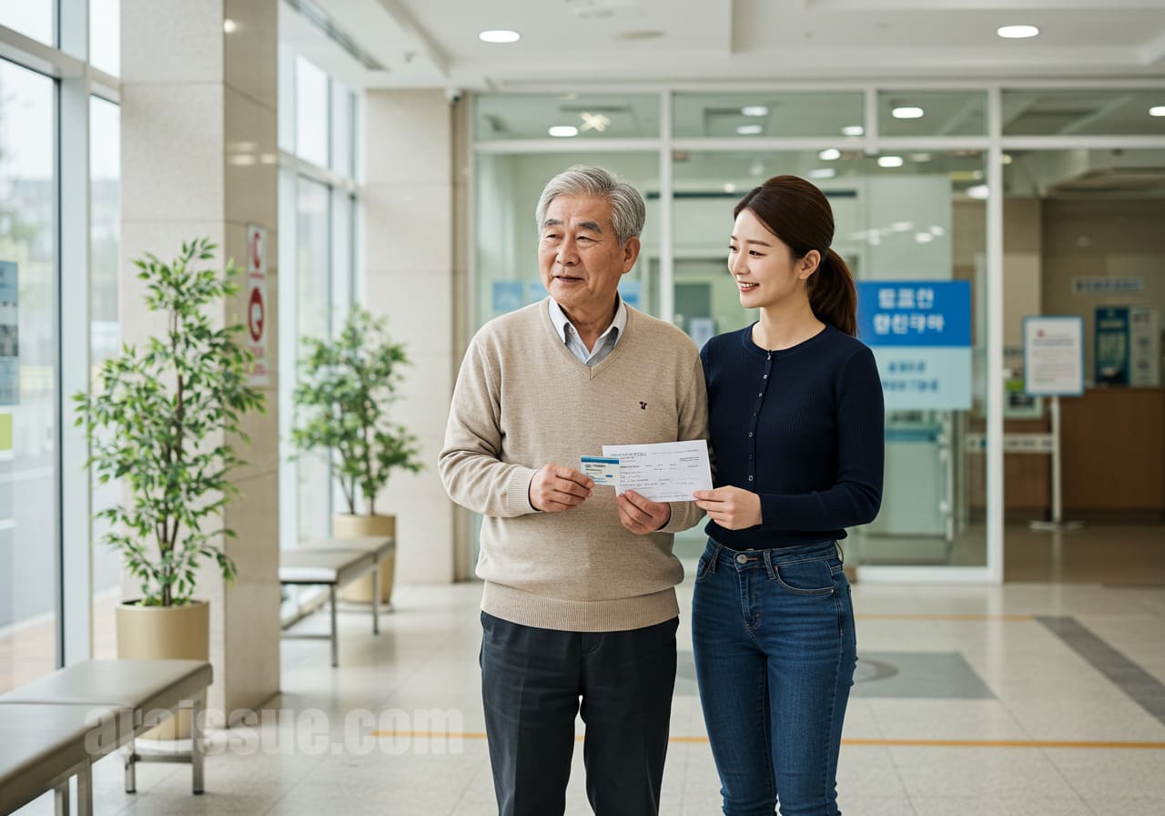 병원 입구 앞에서 신분증과 처방전을 준비한 보호자와 함께 있는 모습.
접종 전 준비물 체크 상황을 잘 보여줍니다.