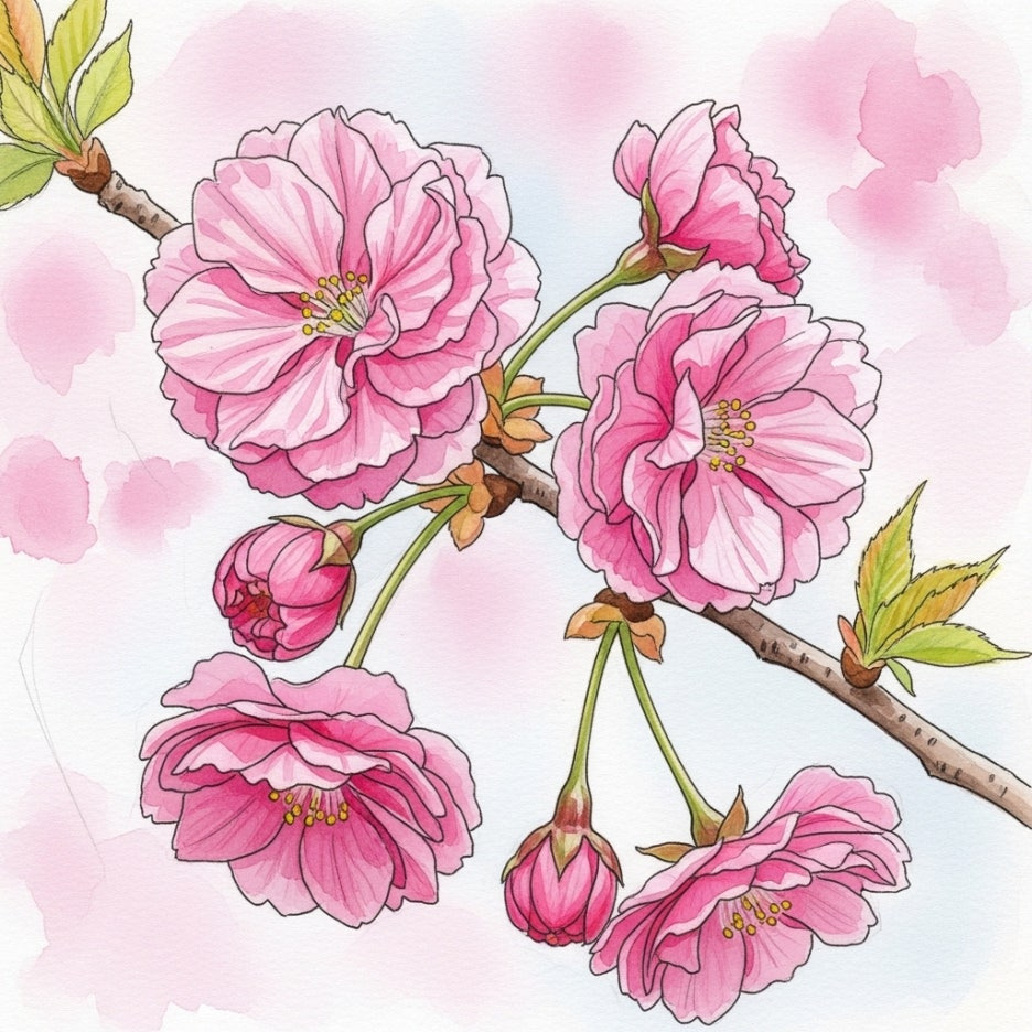 가지마다 풍성하게 피어난 화사한 겹벚꽃의 클로즈업