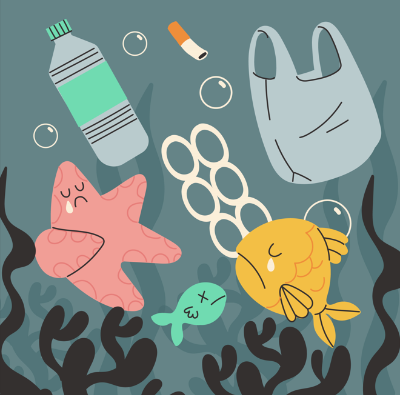 버려진 쓰레기로 울고 있는 바다 속 물고기들 일러스트