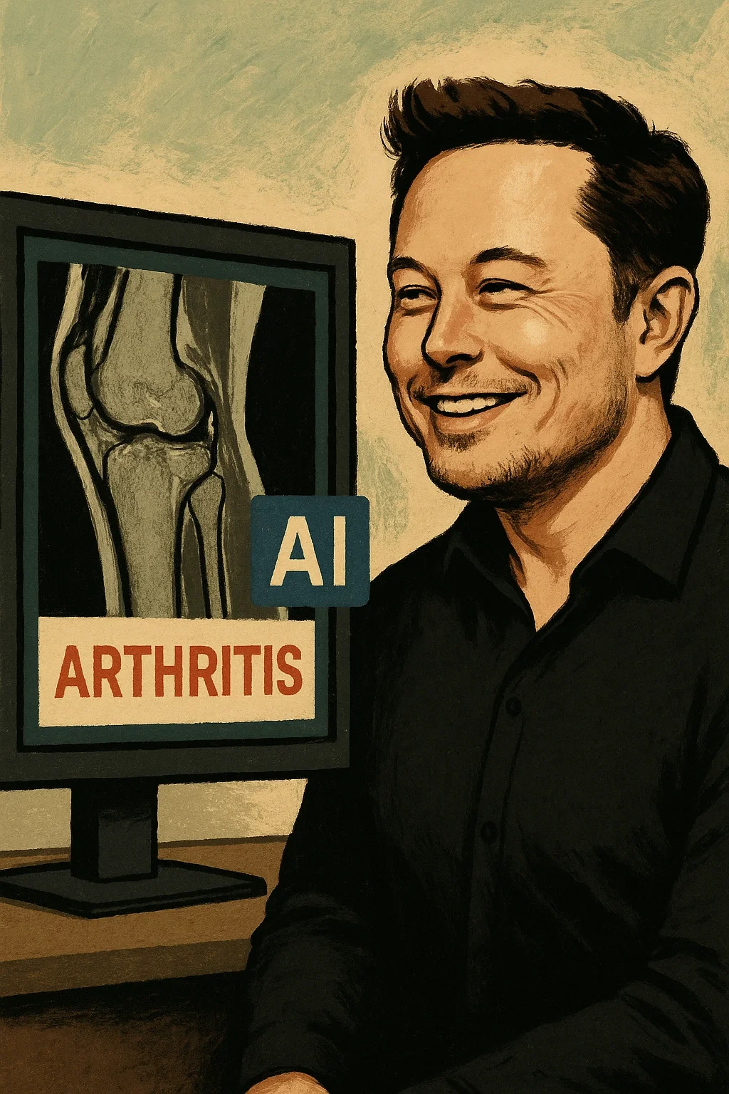 모니터에 ai가 mri 사진을 분석해 관절염을 진단하는 모습. 옆에서 미소 짓고 있는 일론 머스크.