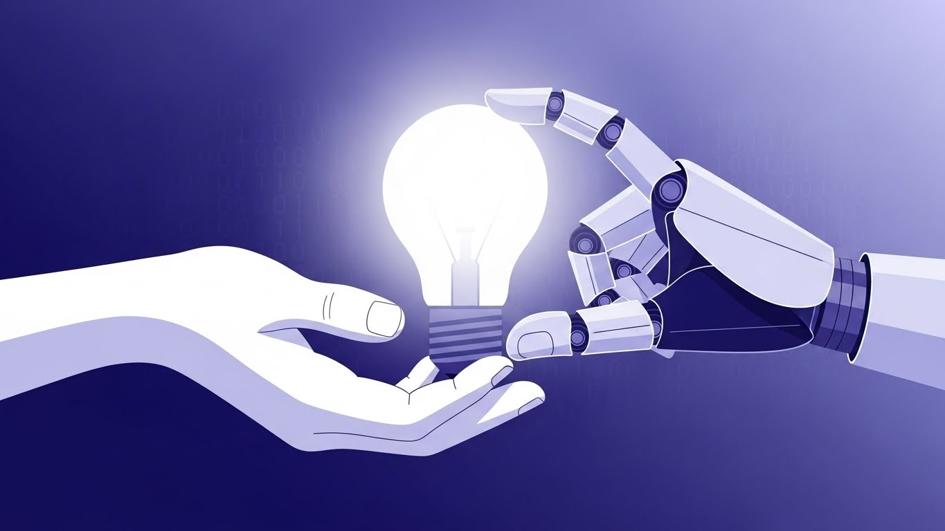 인간의 창의성과 로봇의 기술력이 결합하여 새로운 아이디어를 창출하는 과정을 상징하는 일러스트