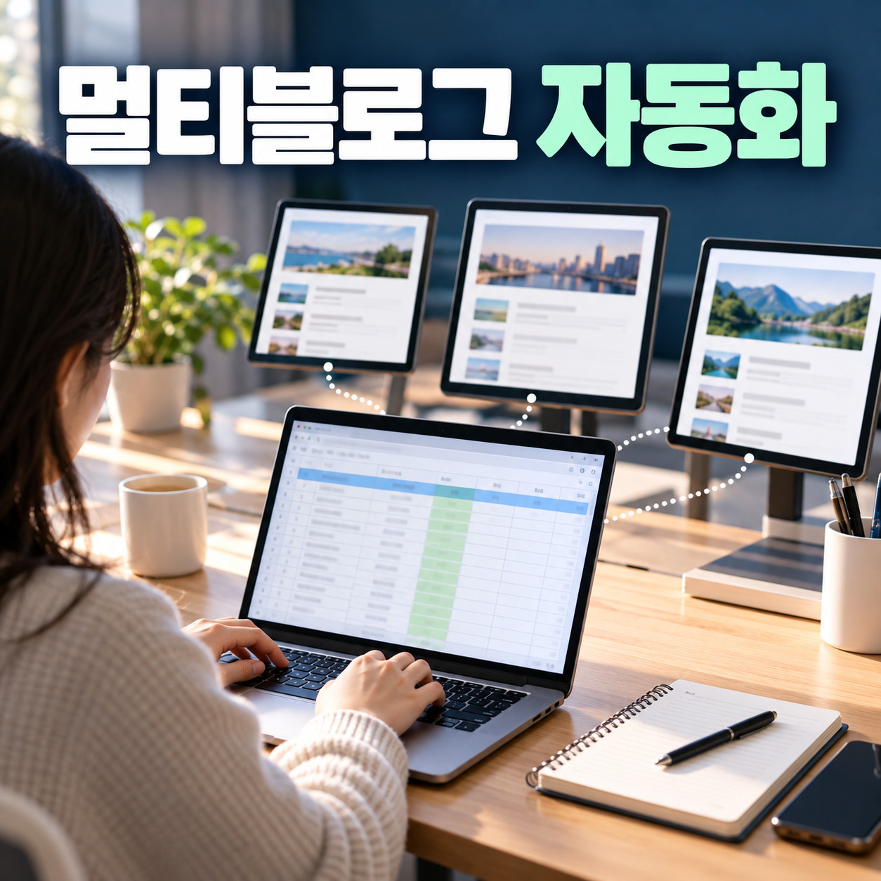 스프레드시트 작업을 하는 노트북 뒤로 서로 다른 세 개의 블로그 화면이 보이는 책상
