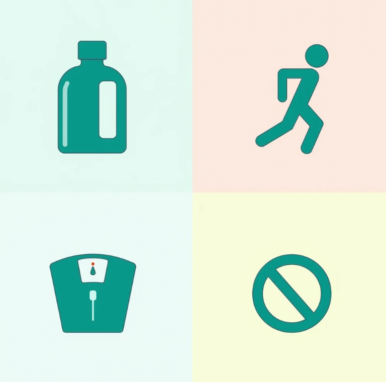 물병, 운동하는 사람, 체중계, 금주 표시 등 건강한 생활 습관을 나타내는 아이콘들의 조합