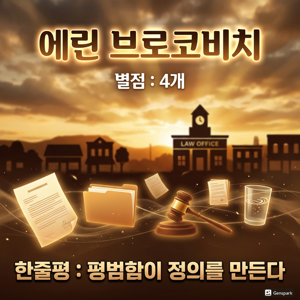 미국 서부가 연상되는 배경이미지와 문서, 판사봉, 컵의 상징물이 있는 배경
영화 제목, 별점, 한줄평이 삽입된 이미지