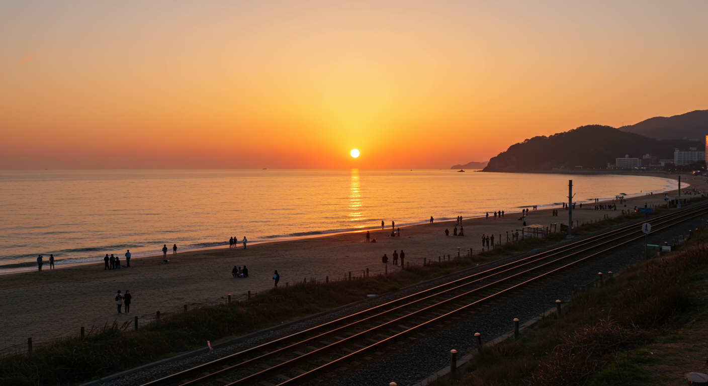 강릉 정동진 해변에서 기찻길 위로 떠오르는 붉은 태양을 바라보는 사람들
