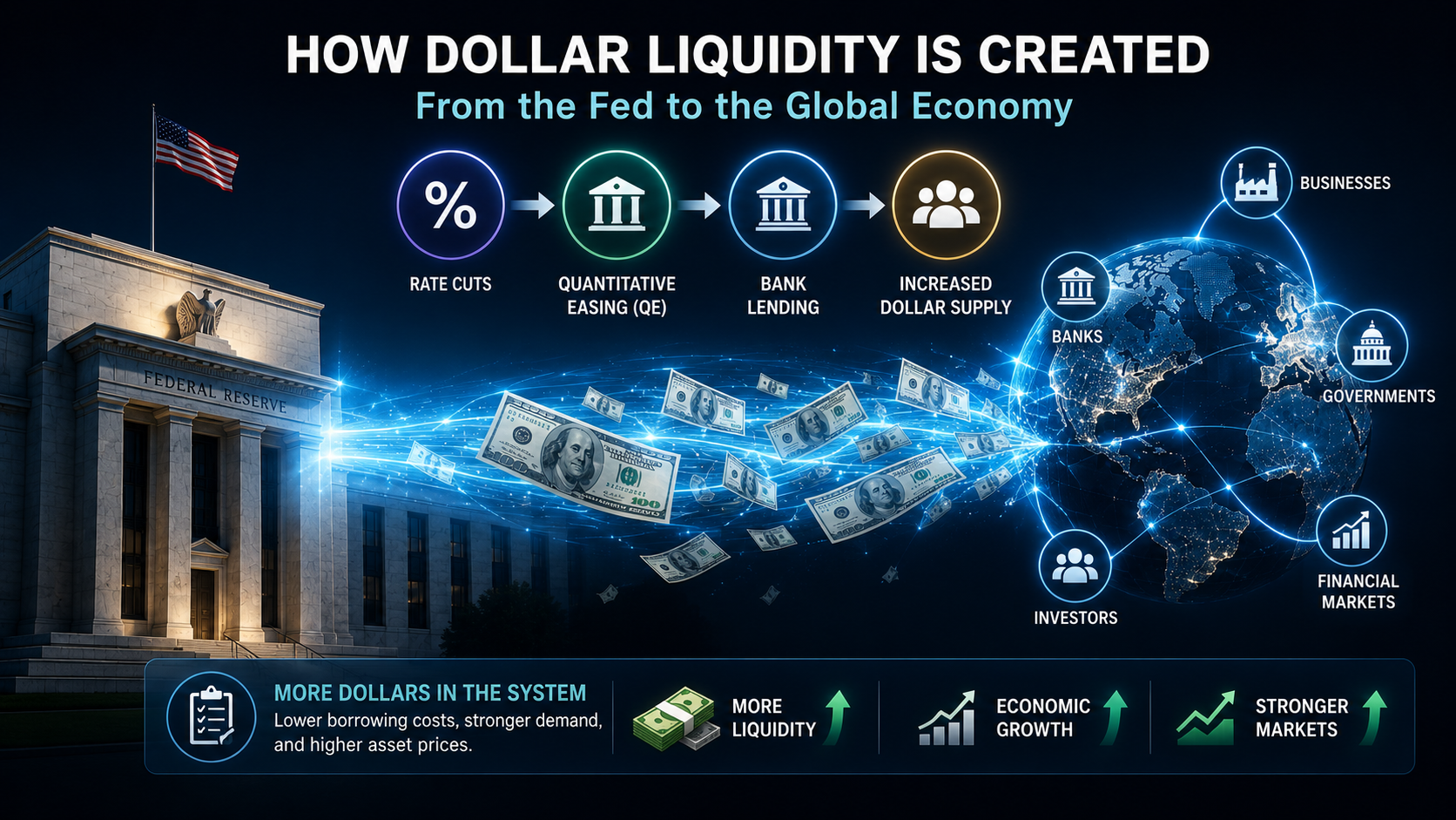How dollar liquidity is created through Federal Reserve policy, quantitative easing, and bank lending