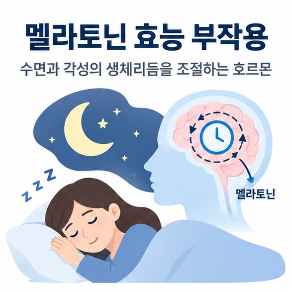 멜라토닌 효능 부작용과 수면 생체리듬 시차 적응 주간 졸림을 설명한 건강 정보 이미지