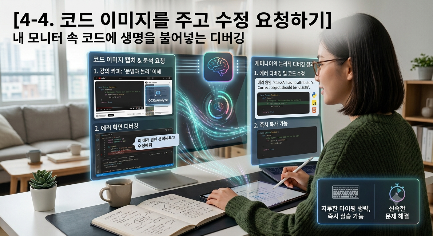 모니터 속 코드에 생명을 불어넣는 디버깅 과정을 묘사한 일러스트. 사용자가 유튜브 코딩 강의 화면을 캡처하여 제미나이에게 분석을 요청합니다. 화면 중앙의 AI 뇌 모양 아이콘을 거쳐, 에러가 발생한 화면(SyntaxError)의 원인이 식별되고 문법과 논리에 맞게 즉시 복사 가능한 올바른 코드(파이썬, 자바스크립트, HTML5)로 수정되어 출력되는 디버깅 결과가 나타나 있습니다.