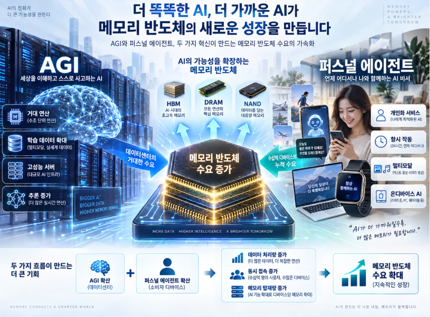 AGI와 퍼스널 에이전트라는 두 촉매가 메모리 반도체 수요를 함께 끌어올리는 구조를 표현한 일러스트