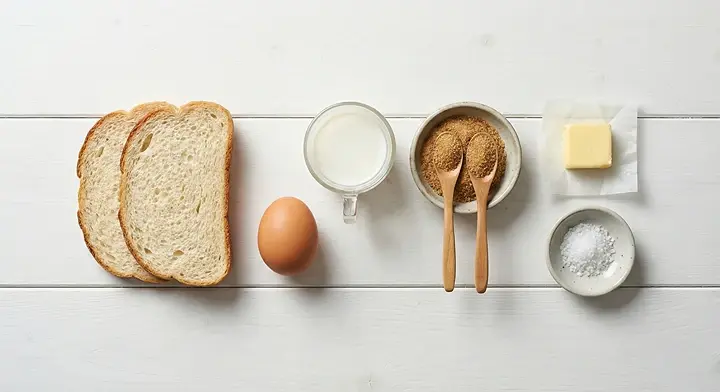 식빵 2장과 계란 1개, 우유 60ml, 설탕, 버터를 준비한 재료 사진