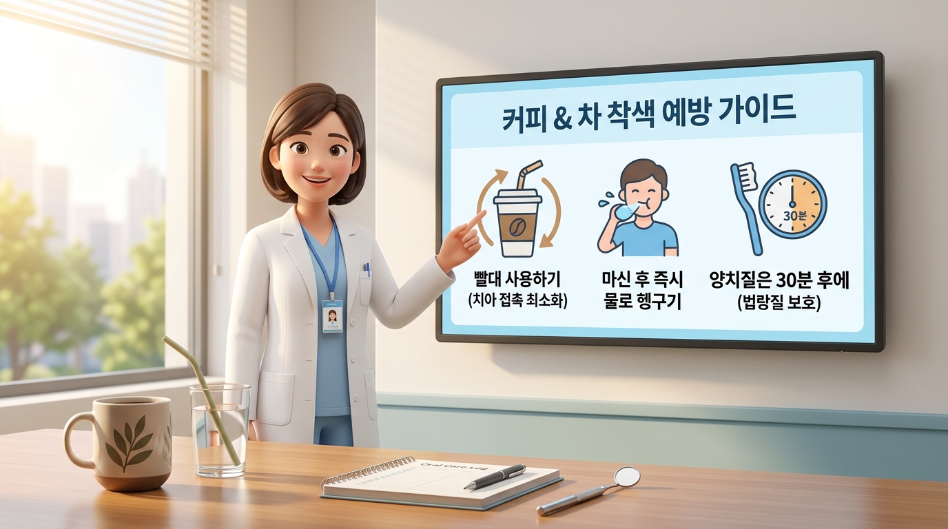 청정하고 세련된 분위기의 대학병원 치과 보존과 진료실에서 보건 의학 전문가 선생님이 대형 인포그래픽 모니터를 가리키며 커피의 탄닌과 차의 폴리페놀 성분이 유발하는 치아 표면 법랑질 착색 및 연화 기전 생리학적 메커니즘을 조목조목 설명하고, 커피와 차(Tea)의 착색 관리 수칙과 치아 변색을 최소화하면서 즐기는 카페인 음료 섭취 꿀팁에 대한 정답으로 올바른 빨대 활용, 미온수 가글 완충 및 30분 대기 후 양치질 행동 수칙을 환자에게 다정하게 안내해 주는 현대적이고 깔끔한 3D 렌더링 이미지.