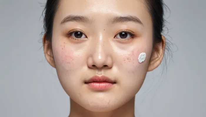 스튜디오 조명 아래 패치를 붙인 채로 당당한 표정을 짓는 여성