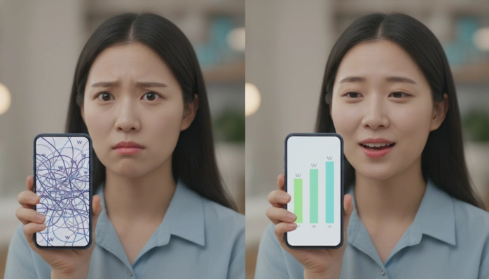 실제 데이터 사용량에 비해 과도하게 높은 통신 요금제를 사용하고 있는 모습과 최적화된 요금제로 변경한 후의 비교