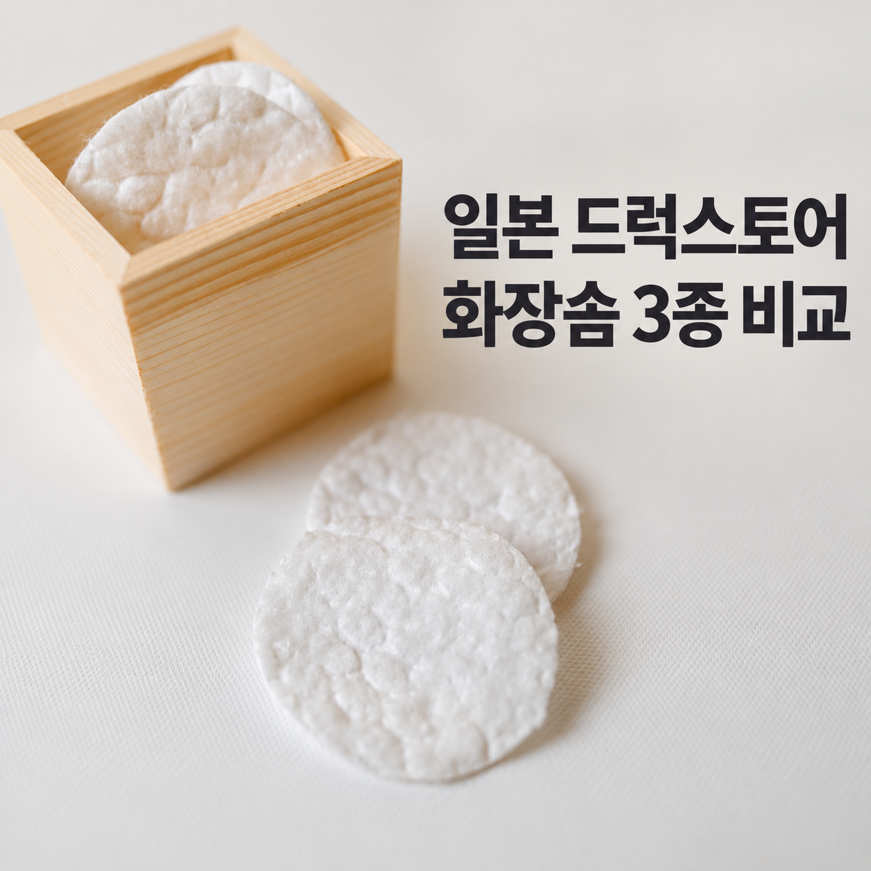 나무 용기에 담긴 실제 화장솜 사진과 일본 드럭스토어 화장솜 3종 비교 제목
