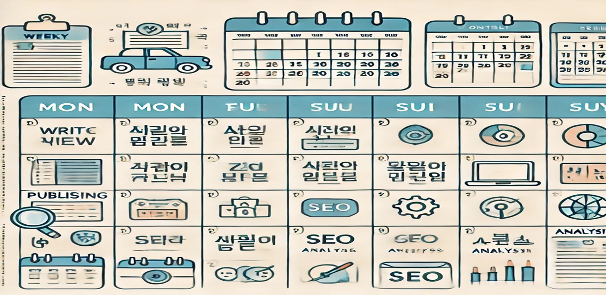 주간/월간 블로그 콘텐츠 캘린더 시각화 – 블로그 주제 스케줄, 글쓰기 루틴, SEO 계획 포함 인포그래픽