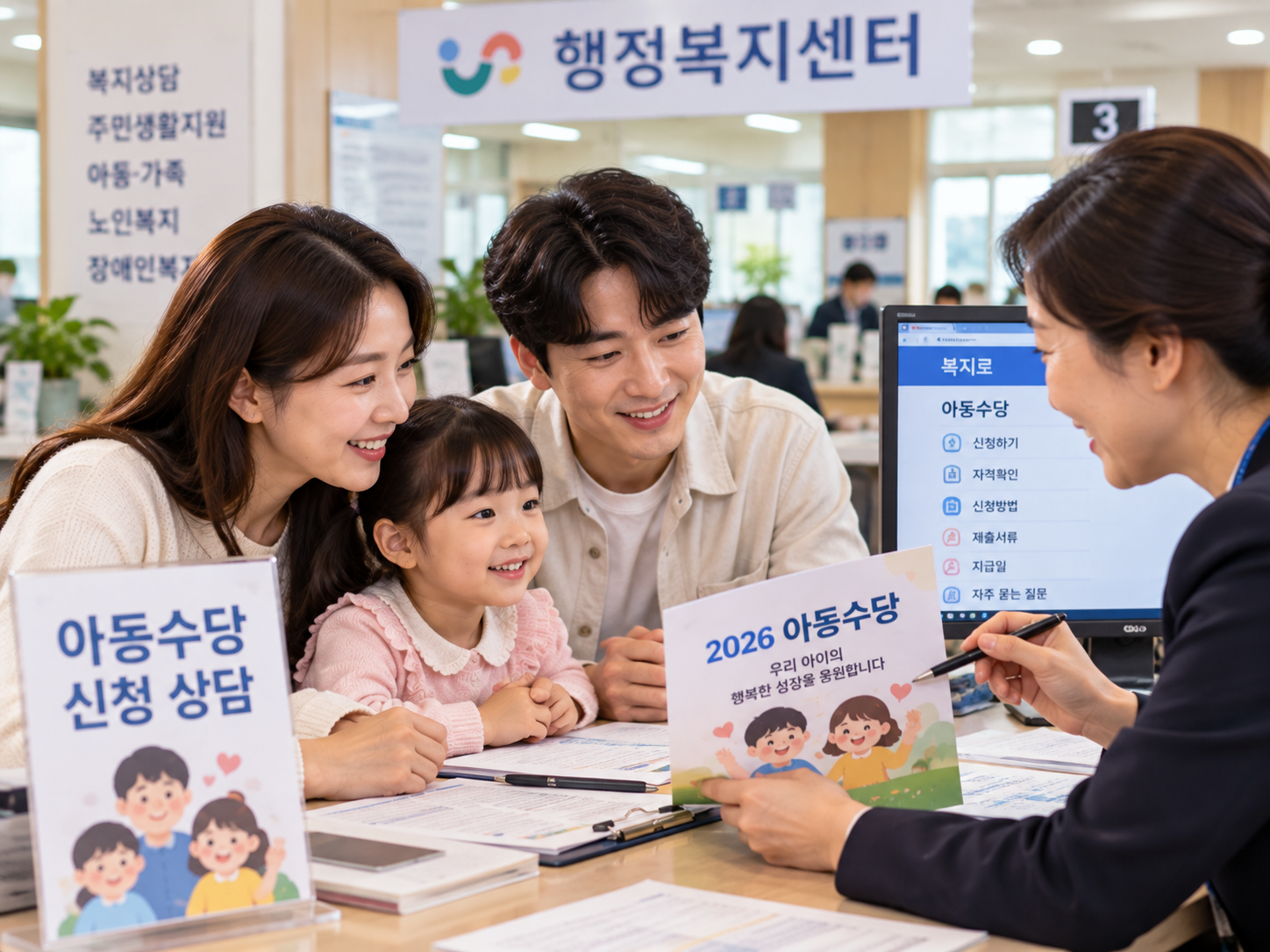 행정복지센터에서 어린 자녀와 부모가 담당 공무원에게 아동수당 신청방법을 상담받는 모습