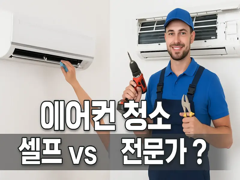 에어컨을 청소하는 사람과 전문가의 비교 장면, 셀프 청소와 전문가 청소의 차이를 표현한 이미지