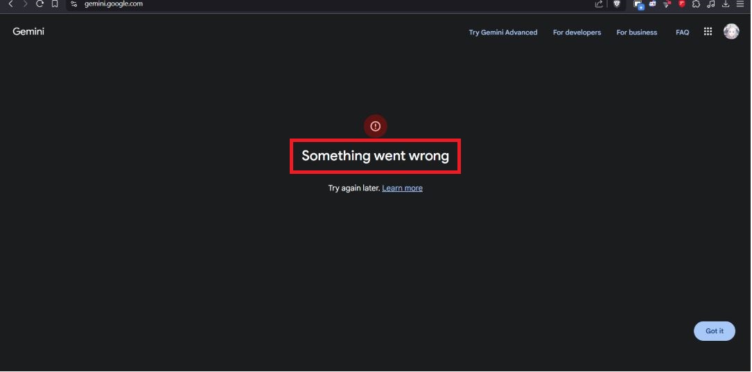 Gemini PC 웹페이지에서 발생한 Something went wrong 오류 화면