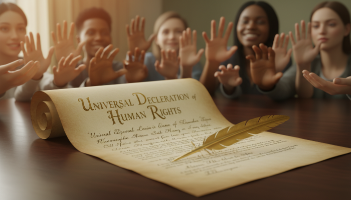오래된 두루마리 형태의 세계인권선언문이 펼쳐져 있고, 다양한 손들이 이를 향해 뻗어 있는 모습. 인권의 역사적 중요성과 보편적 가치를 상징.
