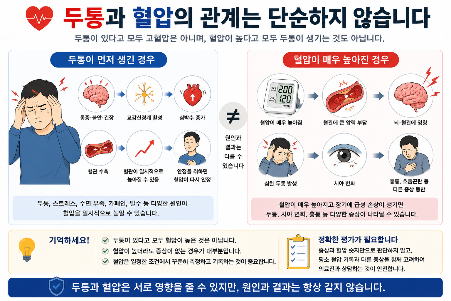두통과 높은 혈압이 함께 나타나도 원인을 단정할 수 없음을 설명한 그림