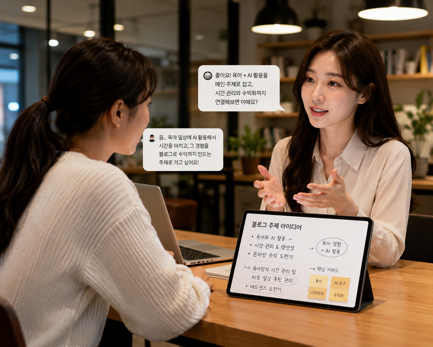 AI와 업무 파트너처럼 대화하며 아이디어를 나누는 모습
