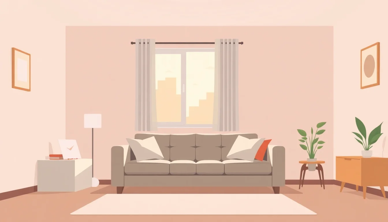 따뜻한 색감의 거실, 소파와 창문, 그림이 있는 벽.