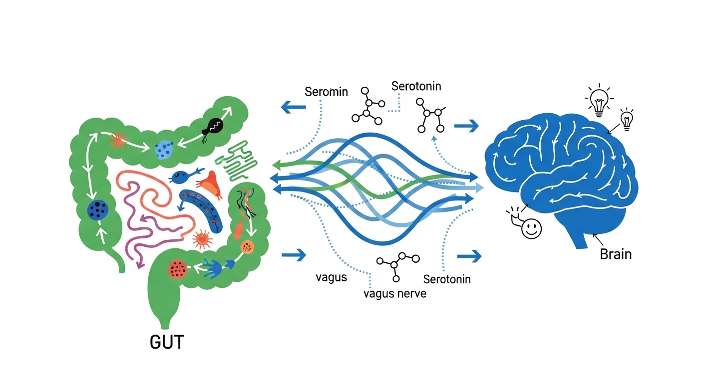 뇌와 장이 미주신경과 신경전달물질을 통해 상호작용하는 장뇌축 개념도