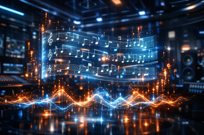 실시간으로 데이터가 음악으로 변환되는 과정을 상징하는 디지털 홀로그램 사운드 아트워크 이미지.