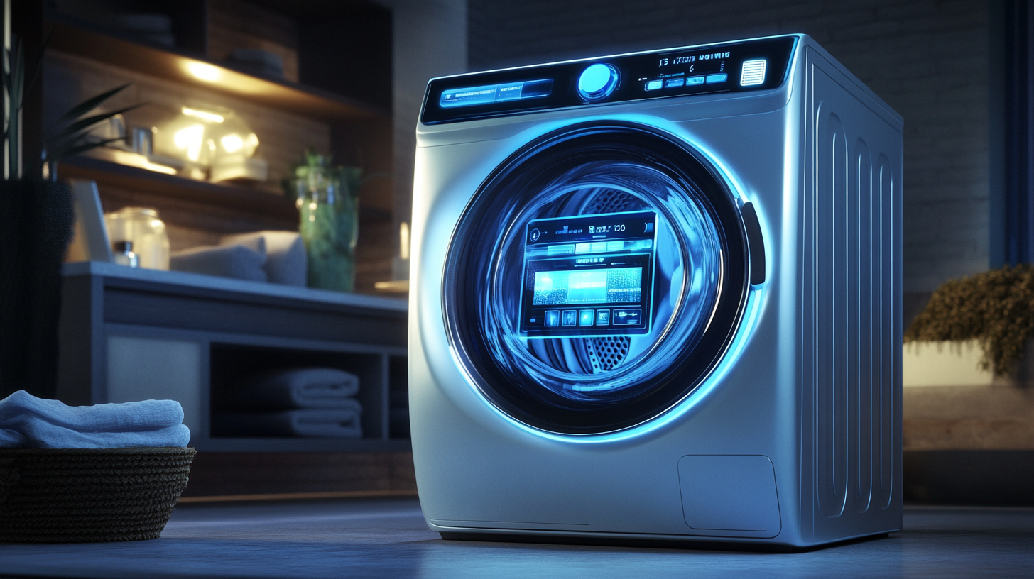미래지향적인 디자인의 삼성 세탁기가 발광 인터페이스와 AI 제어 패널을 갖춘 현대적인 세탁실에 있는 모습