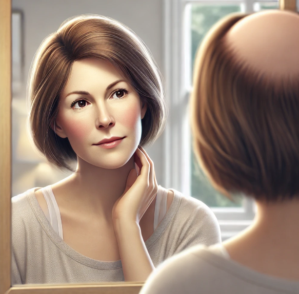 거울을 보며 원형탈모 고민을 하고 있는 중년 여성의 사진