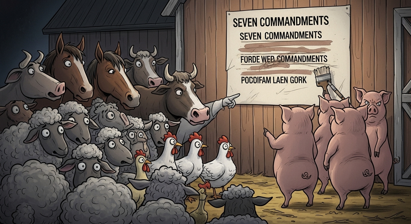 동물농장의 7계명이 돼지들에 의해 교묘하게 수정되는 과정을 혼란스러워하는 다른 동물들의 모습.