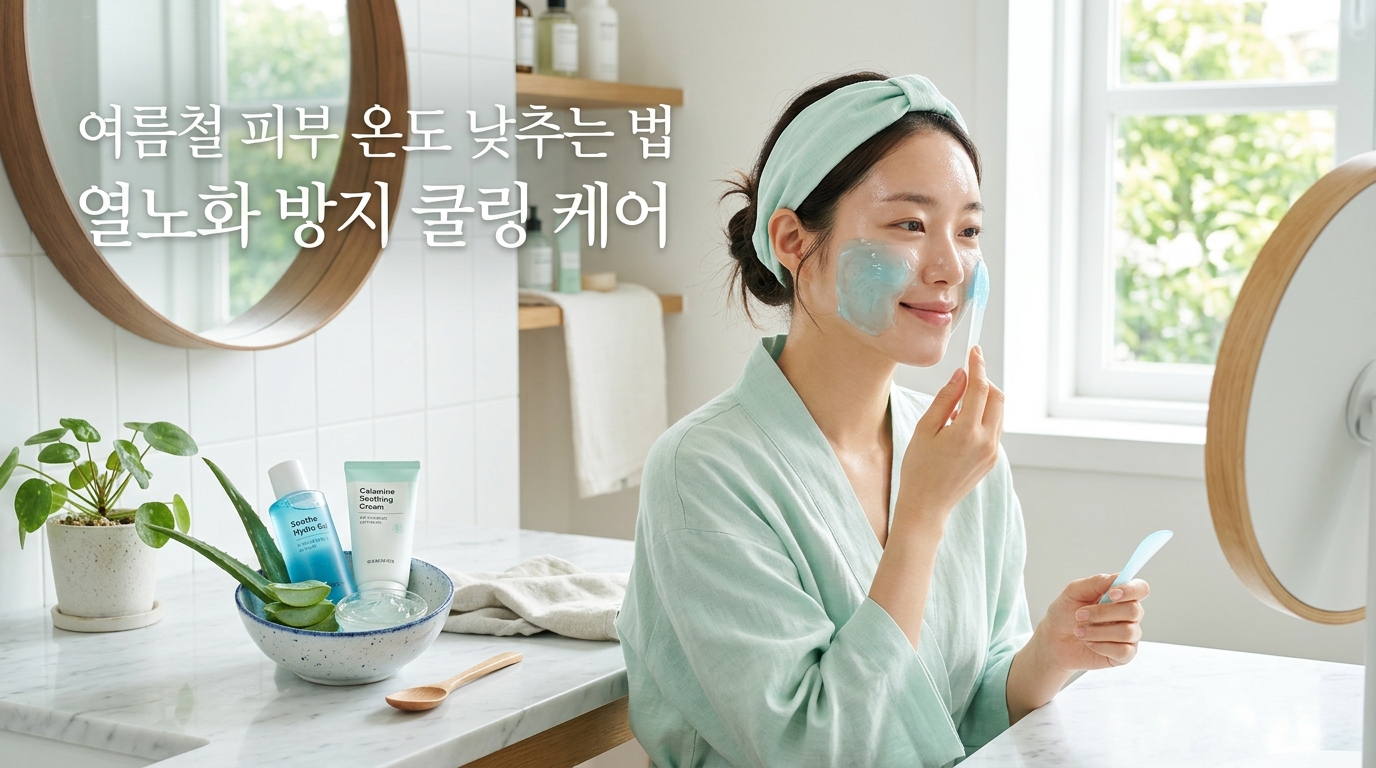 시원한 쿨링 젤 마스크팩으로 여름철 달궈진 피부를 진정시키는 모습. 주변에 알로에와 진정 크림이 함께 배치되어 여름철 피부 온도를 낮추는 쿨링 케어의 중요성과 열노화 방지 효과를 시각화함.