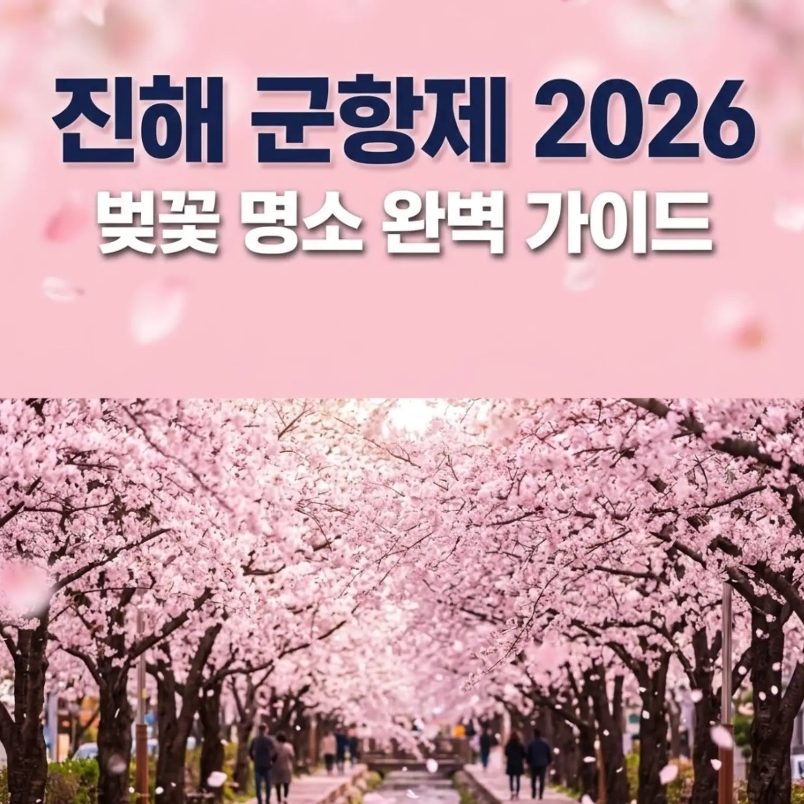 진해 벚꽃길 운하 위로 만개한 분홍빛 벚꽃이 흐드러지게 피어 있고 꽃잎이 흩날리는 봄 풍경을 담은 여행 블로그 썸네일 이미지