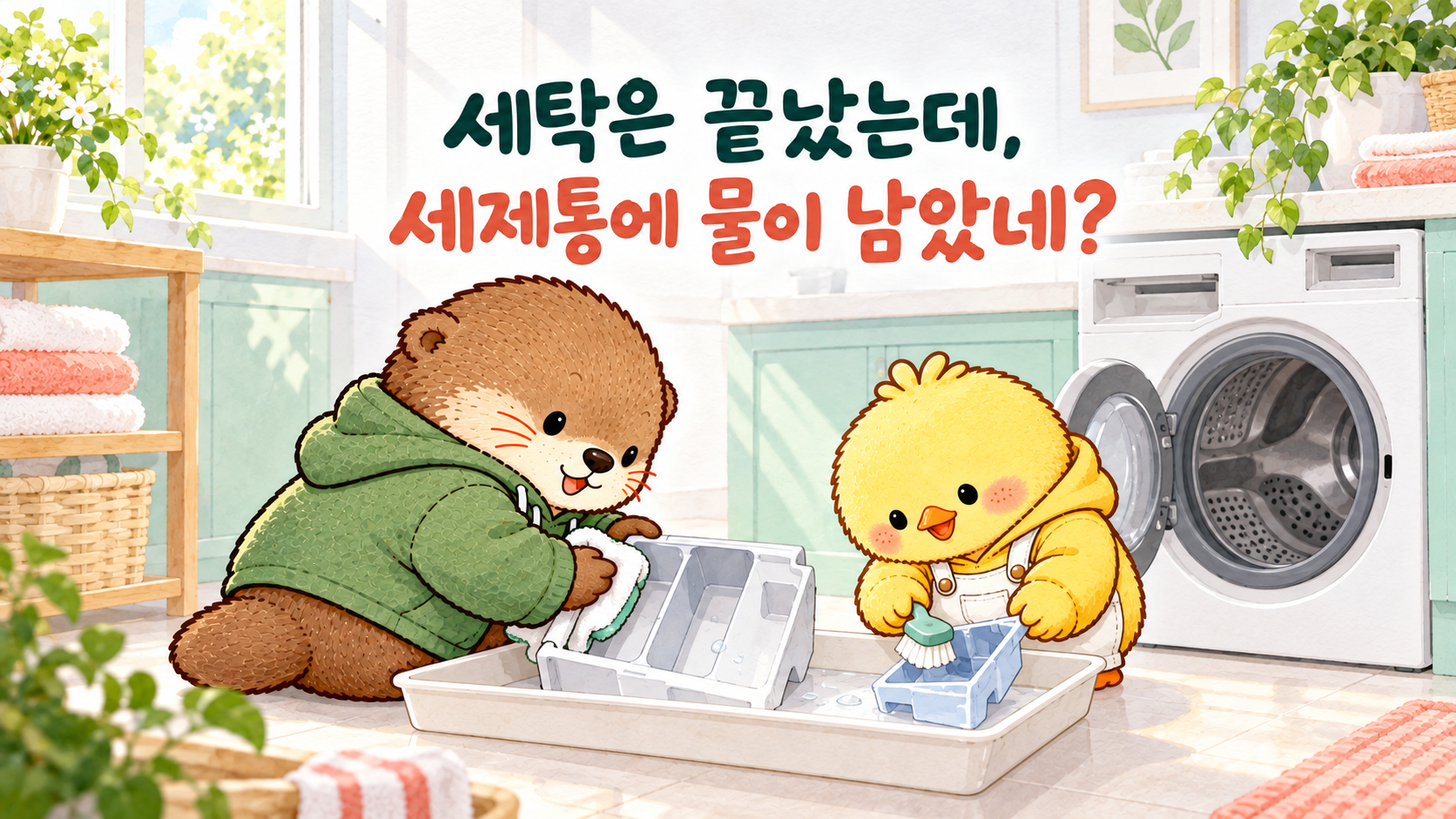 세탁 후 물이 남은 세제통을 확인하고 분리한 부품을 청소하는 이미지.