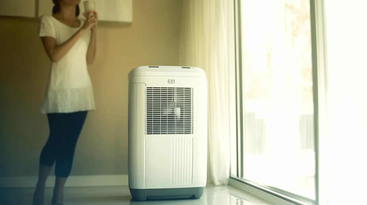더운 여름날, 이동식 에어컨으로 시원하게 쾌적함을 느끼고 있는 사람의 모습을 담았습니다. 현대적인 라이프스타일을 강조합니다.