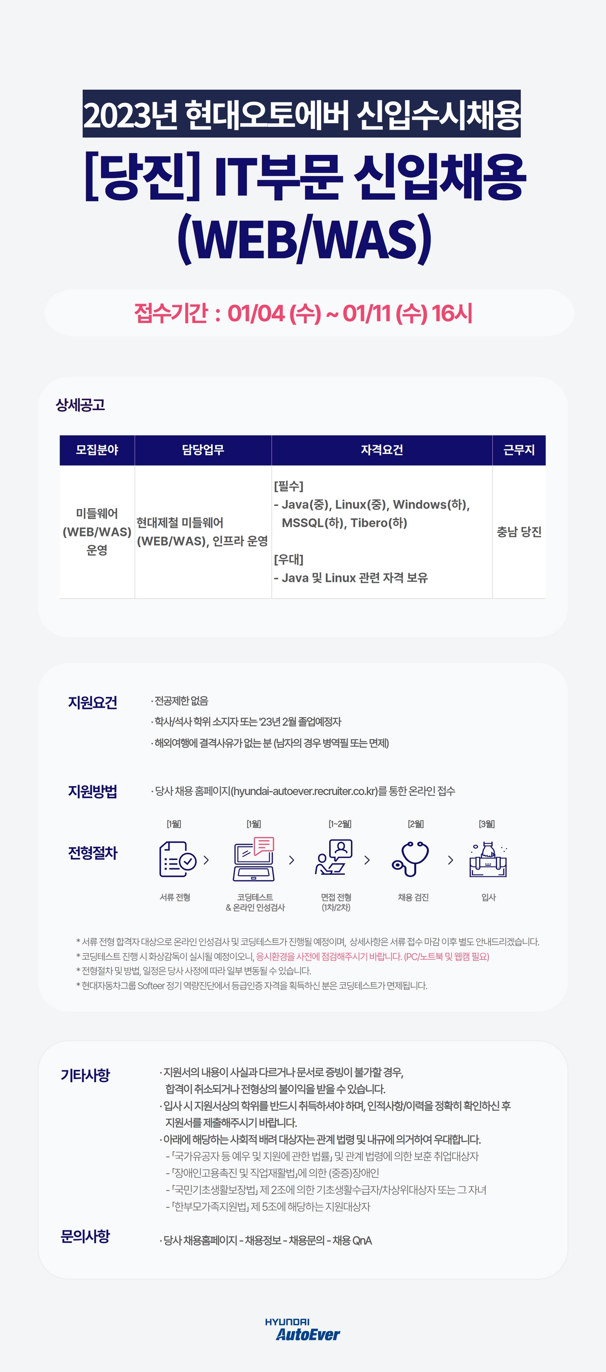 2023년 현대오토에버 [당진] IT부문 신입채용 (WEB/WAS)