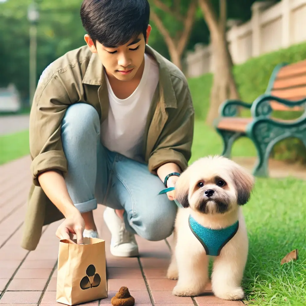 산책 중 반려견의 배변을 친환경 봉투에 담으며 조용히 관찰하는 동양인 젊은 남성의 초고해상도 사진