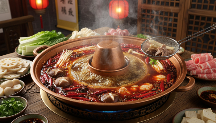 붉은 고추와 산초가 가득한 정통 청두 마라훠궈 냄비의 모습